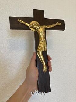 Ancient Crucifix Golden Bronze Cross Art Deco 1950s