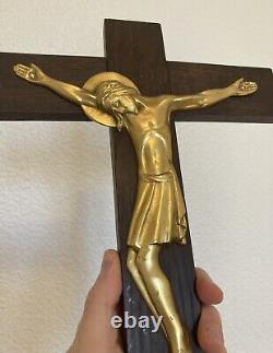 Ancient Crucifix Golden Bronze Cross Art Deco 1950s