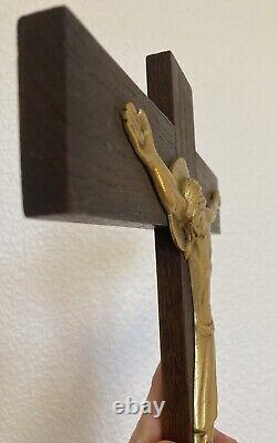 Ancient Crucifix Golden Bronze Cross Art Deco 1950s