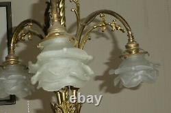 Ancient Golden Bronze Lustre 3 Tulip Lamps Glass Paste Art Deco Flower Shape