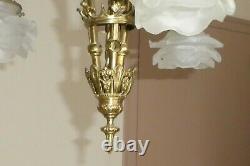 Ancient Golden Bronze Lustre 3 Tulip Lamps Glass Paste Art Deco Flower Shape