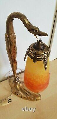 Ancient Lamp Of A Golden Bronze Bird And Glass Pate Muller Signed C Ranc