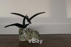 Ancient Sculpture Art Deco Bronze Glass Birds Sign Chatil
