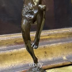 Ancient bronze art deco period 1930 by Piron faun dancer with cymbals dancer