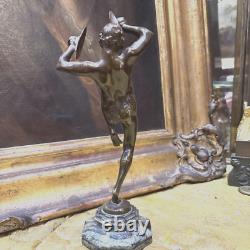 Ancient bronze art deco period 1930 by Piron faun dancer with cymbals dancer
