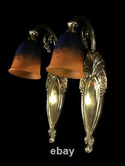 And Hugh L. Schneider Dappliques Pair Art Deco Bronze & Tulips Pte Glass