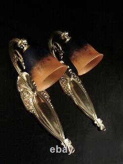 And Hugh L. Schneider Dappliques Pair Art Deco Bronze & Tulips Pte Glass