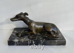 Antique Art Deco Bronze Greyhound Statue on a Marble Base, c. 1930