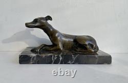 Antique Art Deco Bronze Greyhound Statue on a Marble Base, c. 1930