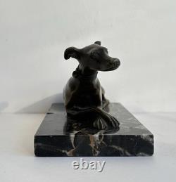 Antique Art Deco Bronze Greyhound Statue on a Marble Base, c. 1930