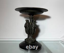 Antique Art Deco bronze bowl adorned with an African marabout holding a snake