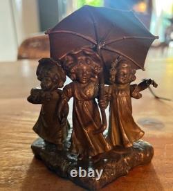 Antique Art Deco bronze statue depicting three little girls under an umbrella