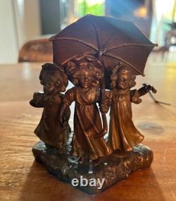 Antique Art Deco bronze statue depicting three little girls under an umbrella