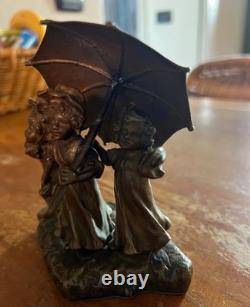 Antique Art Deco bronze statue depicting three little girls under an umbrella