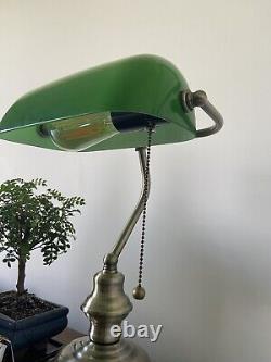 Antique Bronze Banker's Desk Lamp Notary Art Deco Green Opaline Vintage