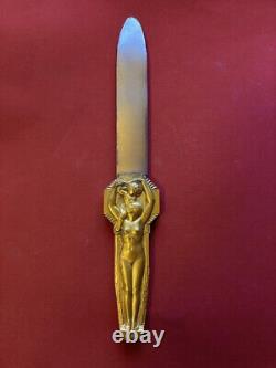 Antique Bronze Letter Opener Art Deco Gilded Signed Lucien Bazor 1928 25 cm