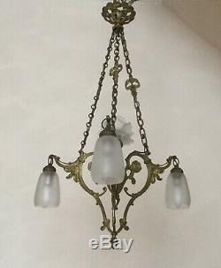 Antique Chandelier Gilt Bronze Art Nouveau Deco 4 Tulips