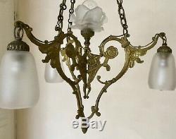 Antique Chandelier Gilt Bronze Art Nouveau Deco 4 Tulips