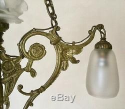 Antique Chandelier Gilt Bronze Art Nouveau Deco 4 Tulips