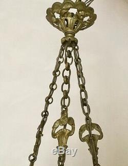 Antique Chandelier Gilt Bronze Art Nouveau Deco 4 Tulips