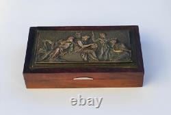 Antique Cigar Box Rosewood Marcel Quercia Relief Bronze Art Deco Rare