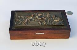 Antique Cigar Box Rosewood Marcel Quercia Relief Bronze Art Deco Rare