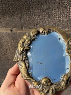Antique Collectible Hand Mirror with Pierrot and Crescent Moon Bronze Decor