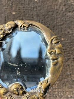Antique Collectible Hand Mirror with Pierrot and Crescent Moon Bronze Decor