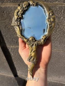 Antique Collectible Hand Mirror with Pierrot and Crescent Moon Bronze Decor