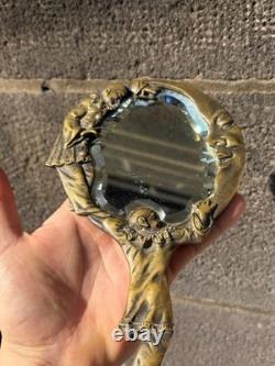 Antique Collectible Hand Mirror with Pierrot and Crescent Moon Bronze Decor