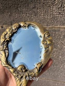 Antique Collectible Hand Mirror with Pierrot and Crescent Moon Bronze Decor
