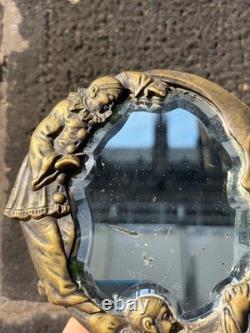Antique Collectible Hand Mirror with Pierrot and Crescent Moon Bronze Decor