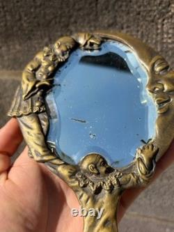 Antique Collectible Hand Mirror with Pierrot and Crescent Moon Bronze Decor