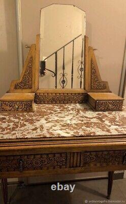 Antique Dressing Table Wood Marble Bronze Art Deco