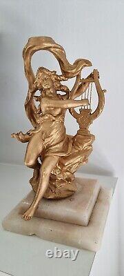 Antique Gilt Bronze Sculpture Woman Musician Marble Base Art Deco Statue Femme