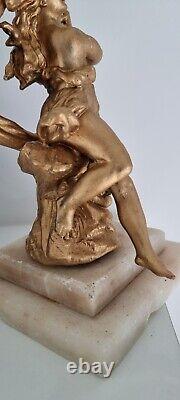 Antique Gilt Bronze Sculpture Woman Musician Marble Base Art Deco Statue Femme