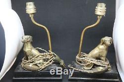 Antique Pair Of Dog Lamps Bronze Marble Base Black