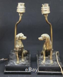 Antique Pair Of Dog Lamps Bronze Marble Base Black