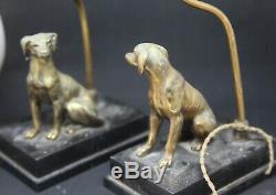 Antique Pair Of Dog Lamps Bronze Marble Base Black