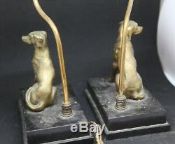 Antique Pair Of Dog Lamps Bronze Marble Base Black