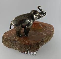 Antique Silvered Bronze Elephant Marble Art Deco Ashtray