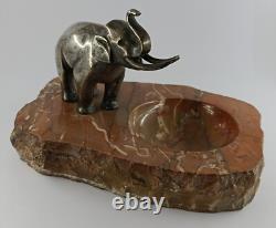 Antique Silvered Bronze Elephant Marble Art Deco Ashtray