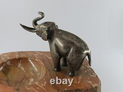 Antique Silvered Bronze Elephant Marble Art Deco Ashtray