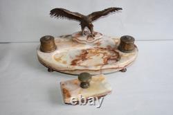 Antique bronze and onyx inkwell, Napoleon eagle, blotter, Art Deco period