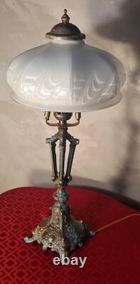Antique lamp, bronze patina, steel and white opaline, Art Deco, 43x22