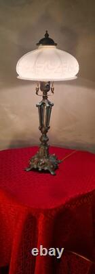 Antique lamp, bronze patina, steel and white opaline, Art Deco, 43x22