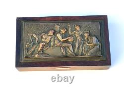 Antique rosewood cigar box Marcel Quercia bronze relief Art Deco rare