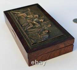 Antique rosewood cigar box Marcel Quercia bronze relief Art Deco rare