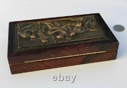 Antique rosewood cigar box Marcel Quercia bronze relief Art Deco rare