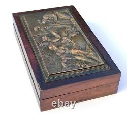 Antique rosewood cigar box Marcel Quercia bronze relief Art Deco rare